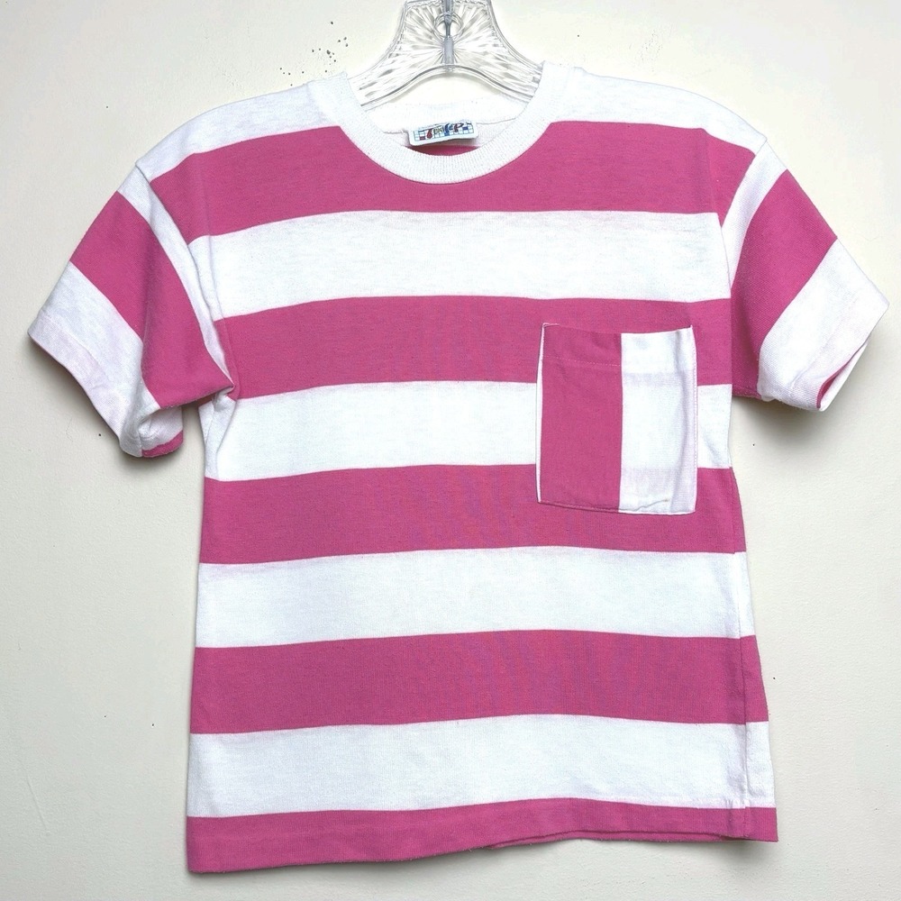 Vintage Pink Striped Pocket T Shirt 90s Colorful Tee Shirt Top Youth Medium